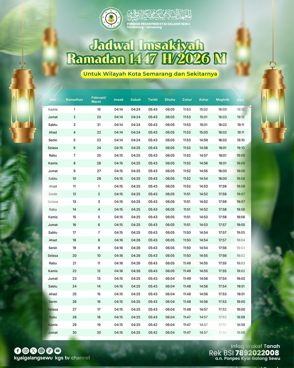 [[ MARHABAN YA RAMADAN 1447 H ]]

Selamat menunaikan ibadah puasa 🙌

Di bulan mulia ini, mari semakin meningkatkan ibadah dan amaliyah kita untuk menjadi hamba yang diridhoi olehNya.

#kgs
#ngaji 
#santri 
#quotes 
#dakwah 
#katabijak 
#dawuhguru 
#ulamaqurany 
#santrimilenial