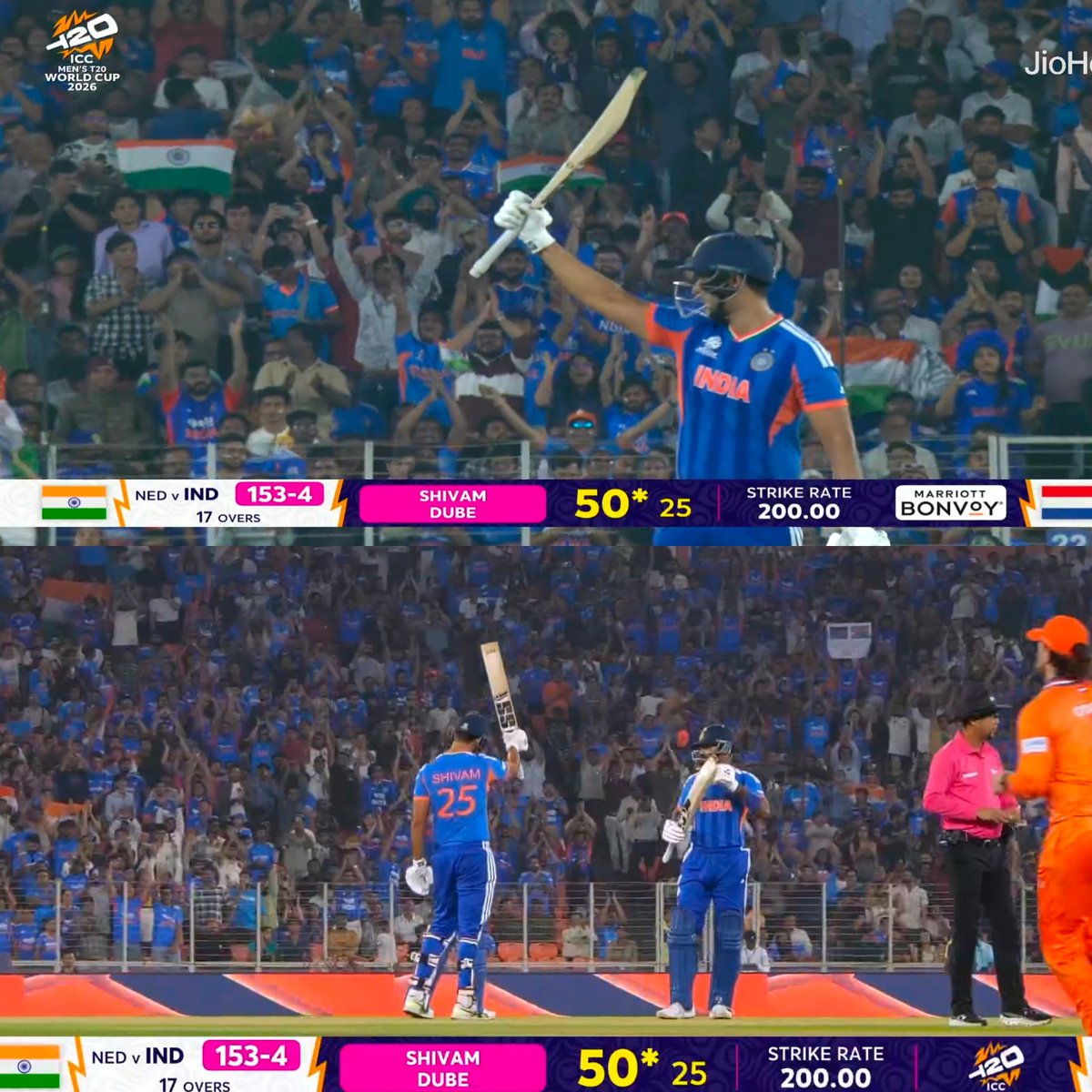 Shivam Dube brings up a blistering half-century off just 25 balls against the Netherlands. A strike rate of 200.00—this man is strictly dealing in boundaries! 
#T20WorldCup #INDvNED #ShivamDube