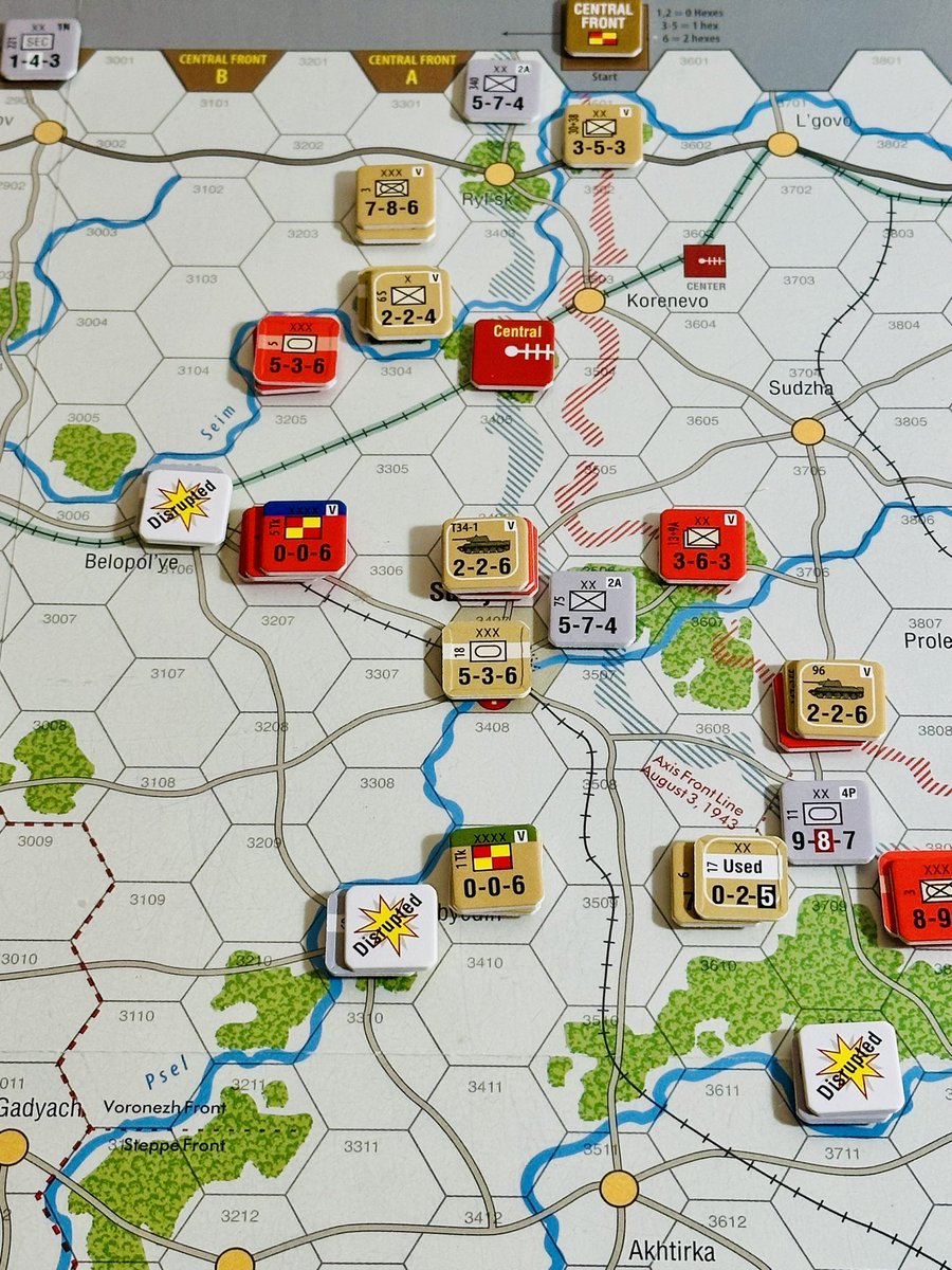 PastorJoelT's tweet image. Initial Soviet breakthroughs near Sumy and south of Kharkov in UKRAINE 43 (GMT Games). Despite taking heavy losses, the Soviets had a good opening turn, I think. #wargames @gmtgames