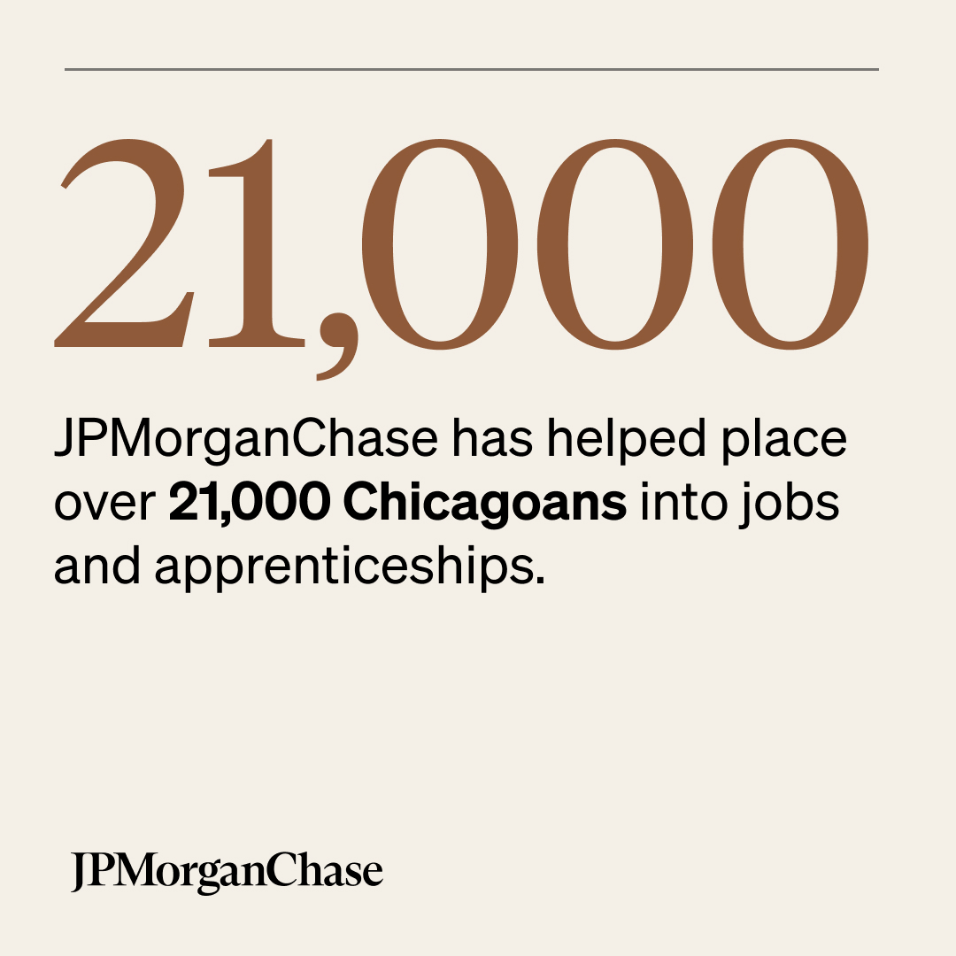 jpmorgan's tweet photo. In Chicago, there aren’t enough skilled workers to fill new jobs in a growing economy. 

But that’s changing. JPMorganChase is connecting students and residents with career pathways, creating a pipeline to fuel the city’s economic growth.