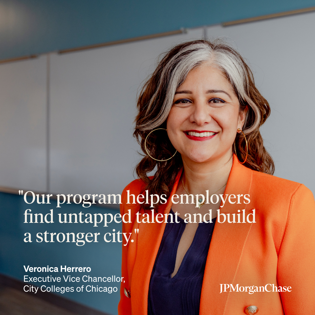 jpmorgan's tweet photo. In Chicago, there aren’t enough skilled workers to fill new jobs in a growing economy. 

But that’s changing. JPMorganChase is connecting students and residents with career pathways, creating a pipeline to fuel the city’s economic growth.