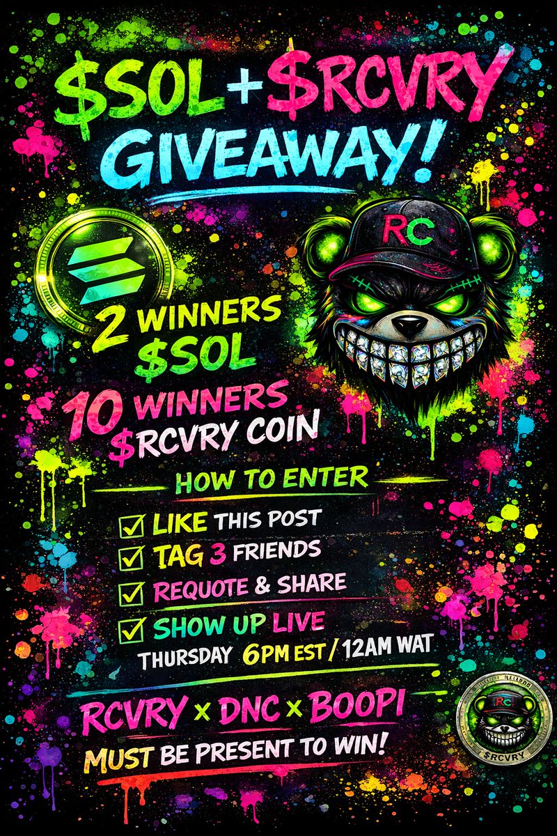 🎁 $SOL + $RCVRY GIVEAWAY ALERT 🎁

We’re running it up with the community!

🏆 Prizes

2 Winners: Solana ($SOL)

10 Winners: Recovery Coin ($RCVRY)

✅ To Enter

Like this post

Tag 3 friends in the comments

Requote this post

SHOW UP LIVE to the $RCVRY x $DNC x $BOOPI X Space
