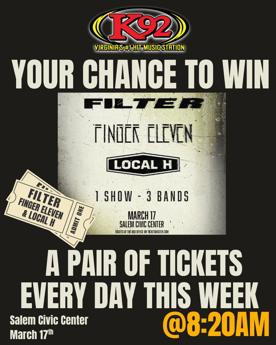 Want to see Filter, Finger Eleven &amp; Local H....LIVE at the Salem Civic Center? Monica and Antoine have your chance to WIN a pair of tickets EVERY DAY this week at 8:20AM!!!