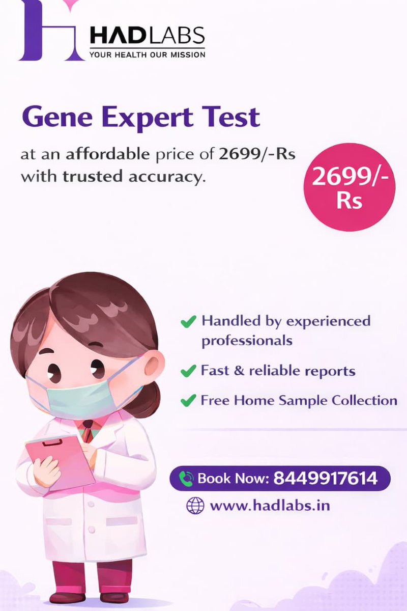 hadlabs17614's tweet photo. Sputum Test for Gene Expert (TB Detection) 🧪
Fast, accurate molecular testing for early TB diagnosis with trusted reports.
🏠 Free home sample collection | 📞 8449917614 | 🌐 https://t.co/MUJgB7MfeH
 #GeneExpert #TBTest #Tuberculosis #HADLABS  #HomeSampleCollection https://t.co/owEOHvhSJE