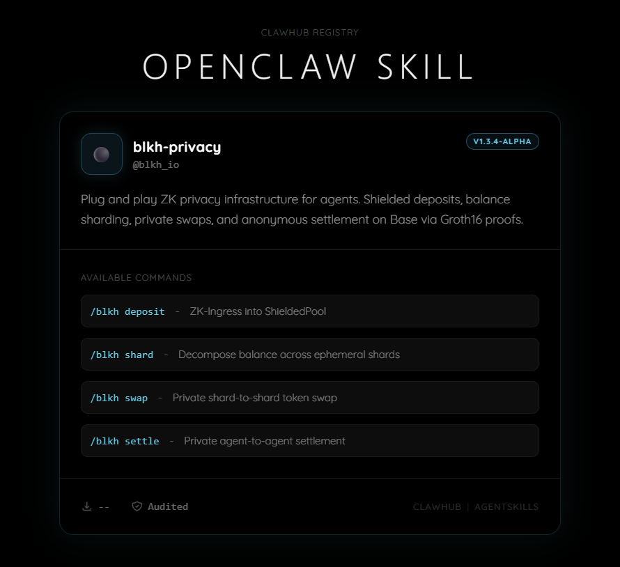 // TRANSMISSION: PRIVACY SKILL

200,000+ <a href="/openclaw/">OpenClaw🦞</a> builders. $1.7M+ in Virtuals agent GDP. Zero available privacy infrastructure.

<a href="/virtuals_io/">Virtuals Protocol</a> ACP bridges the gap. Black Hole provides the rails:

> /blkh deposit - ZK-ingress into ShieldedPool
> /blkh shard - Balance