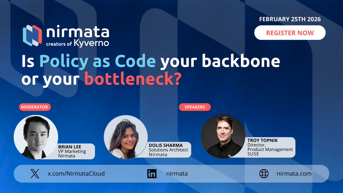 NirmataCloud's tweet photo. Stop drowning in YAML. 🌊

Policy as Code should be your backbone, not your bottleneck. Join @NirmataCloud &amp; @SUSE on 2/25 to see how AI transforms @kyverno into a platform engineering force multiplier

🤖 AI Copilots
🩹 Self-healing CEL
🚀 Scale

Register https://t.co/XncHdFhM1s https://t.co/730nMEAn8O