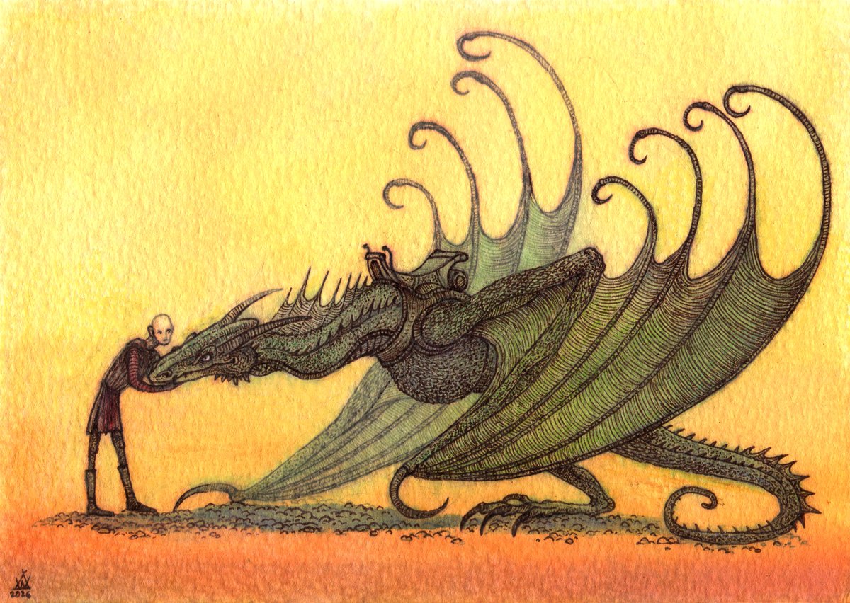 Egg and his she-dragon. I believe smallfolk would call her the Green Lady thanks to her emerald scale and mild nature. To me she's Vhagar's hatchling btw. 

#akotsk #AKnightOfTheSevenKingdom #asoiaf #dragon