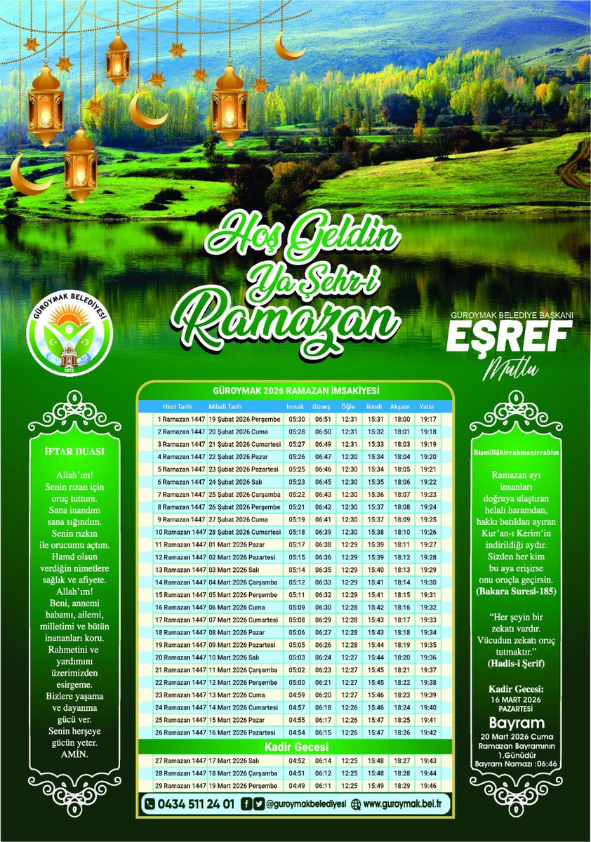 Hoş Geldin Ya Şehr-i Ramazan! 🌙
Rahmetin, bereketin ve paylaşmanın doruğa ulaştığı bir Ramazan ayına daha kavuşmanın mutluluğunu yaşıyoruz. Güroymak’ta ilk sahurdan son iftara kadar sürecek olan bu manevi yolculukta, sofralarımızdan huzur, kalplerimizden sevgi eksik olmasın. 🤲