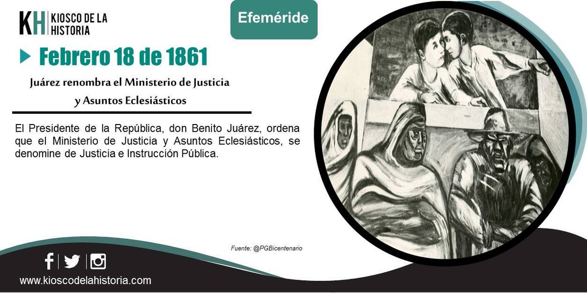 El #18DeFebrero de 1861 Juárez renombra el Ministerio de Justicia y Asuntos Eclesiásticos.
Más y otras #Efemerides 👇
kioscodelahistoria.com/18-febrero