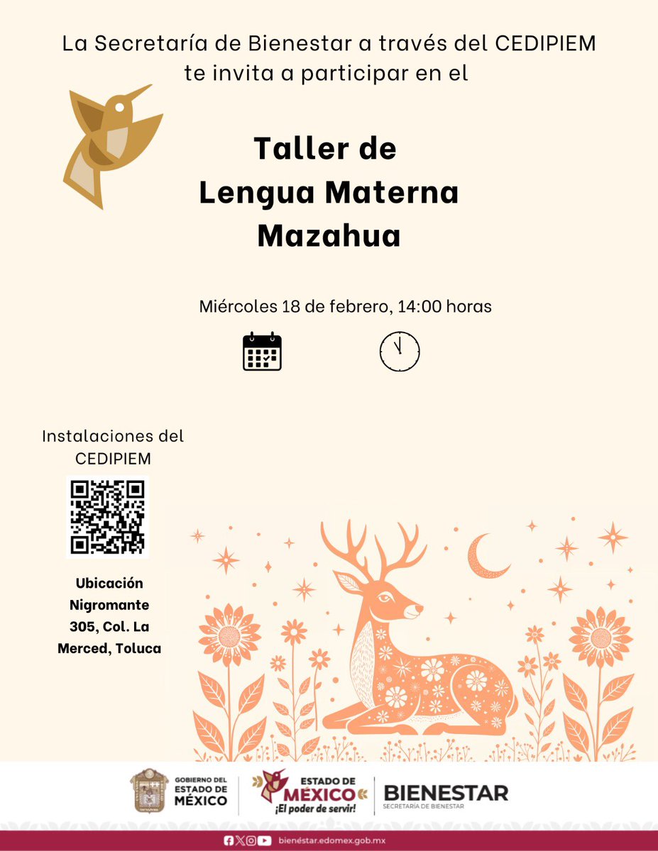 ¡Hoy es Miércoles de Orgullo Mazahua en CEDIPIEM! 🌽💬
La lengua es el alma de nuestro pueblo y hoy es el momento de hacerla vibrar. Todavía estás a tiempo de unirte a nuestro espacio dedicado a aprender, practicar y mantener viva la lengua Mazahua.