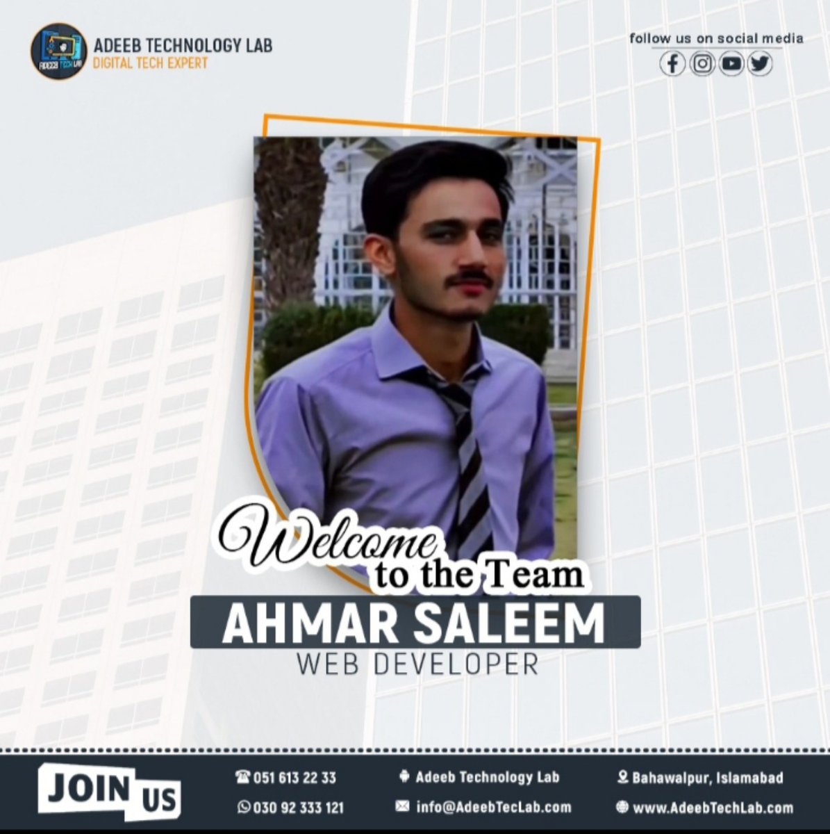 AdeebTechLab's tweet photo. We are excited to welcome Ahmar Saleem to the team as our new Web Developer at Adeeb Technology Lab 🎉 Ahmar brings fresh energy, creativity, and strong development skills to our growing team. #WelcomeToTheTeam #WebDeveloper #NewJourney #AdeebTechnologyLab https://t.co/aBWuzWn8JU
