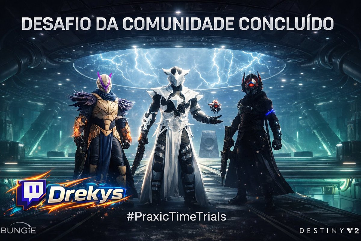 Conseguimos realizar o desafio da comunidade no tempo de 17:49, até que foi divertido 😉 - #PraxicTimeTrials

youtube.com/live/CBPYxR41C…

Bungie ID:
Drek#8498
b#5807  <a href="/aeBrunoLuz/">Bruno Luz</a>   
Jeremias155#0490   <a href="/Jeremias155_/">Jeremias155</a> 

<a href="/Bungie/">Bungie</a> <a href="/destinygameBR/">Destiny 2 BR</a> <a href="/DestinyTheGame/">Destiny 2</a>