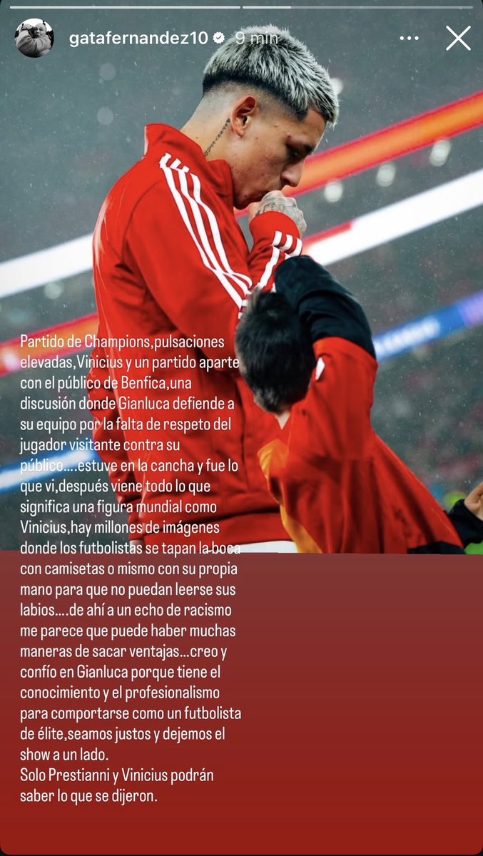 ValenTurello7's tweet photo. Comunicado de “La Gata” Fernández, representante de Gianluca Prestianni.

“Creo y confío en Gianluca porque tiene el conocimiento y el profesionalismo para comportarse como un futbolista de élite. Seamos justos y dejemos el show de lado. Solo ellos saben lo que se dijeron” https://t.co/4WIPEdxenN