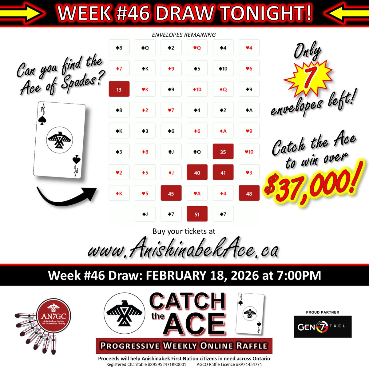AN7GC's tweet photo. TONIGHT'S #CatchtheAce draw will be a #BIG one! The #winning ticket holder will have a 1 in 7 chance to Catch the Ace and #win it all! Buy your tickets before 7:00pm at https://t.co/CZlVeOEAfR

#Jackpot #Fundraising #Charity #Anishinabek #FirstNations #Ontario https://t.co/dCk0FhQ3JE