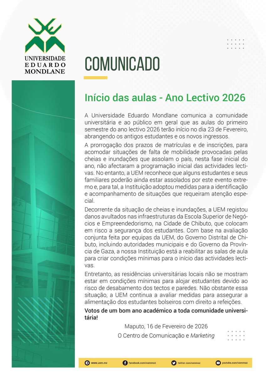 uemmoz's tweet photo. Comunicado sobre o início das aulas - Ano Lectivo 2026 https://t.co/wNW3GyniBF
