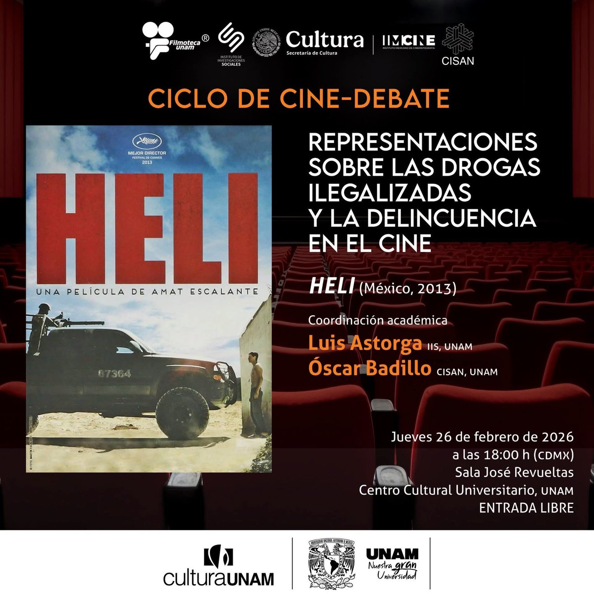 No te pierdas la sesión de cine-debate: Representaciones sobre las drogas ilegalizadas y la delincuencia en el cine. 👥

📽️ Heli
🗓️ Jueves 26 de febrero 
🕕 18:00 horas
📍 Sala José Revueltas, CCU
🎟️ Entrada libre 

¡<a href="/FilmotecaUNAM/">Filmoteca UNAM</a>, <a href="/imcine/">IMCINE</a>, <a href="/IISUNAM/">IISUNAM</a> y <a href="/cisanunam/">CISAN UNAM</a> te invitan!