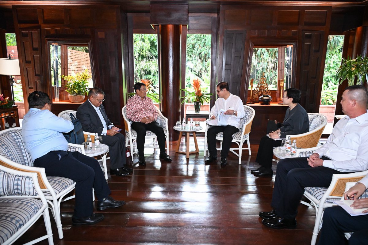 MFAThai's tweet photo. FM @SihasakPh had an informal discussion with U Than Swe, Myanmar FM, reaffirming close Thailand - Myanmar relations and discussed enhancing econ. coop., reviving border trade promoting border security, combatting transnational crimes, esp. online scams, narcotic drugs & transboundary haze / water pollution. They also discussed future ASEAN- Myanmar re-engagement and Thailand’s role to support peace process in Myanmar, which will benefit the people of both countries & the region. (18 Feb 2026)