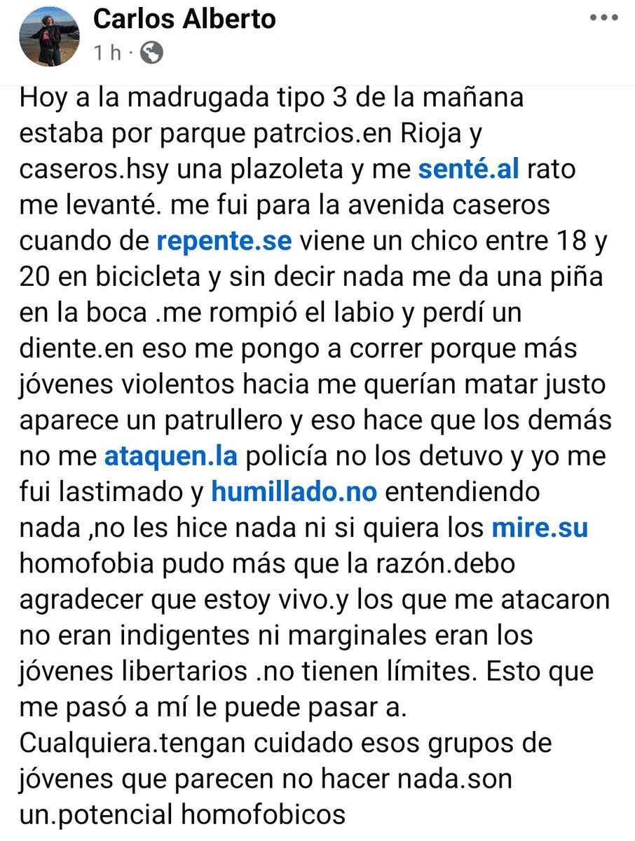 francotorchia_'s tweet photo. Nuevo ataque homofóbico:  hoy de madrugada en La Rioja y Caseros (Parque Patricios, CABA). 

Carlos Alberto denuncia que un grupo de jóvenes lo agredió físicamente ante la inacción de la policía.

Acá su relato. https://t.co/mbRH8tG9ee
