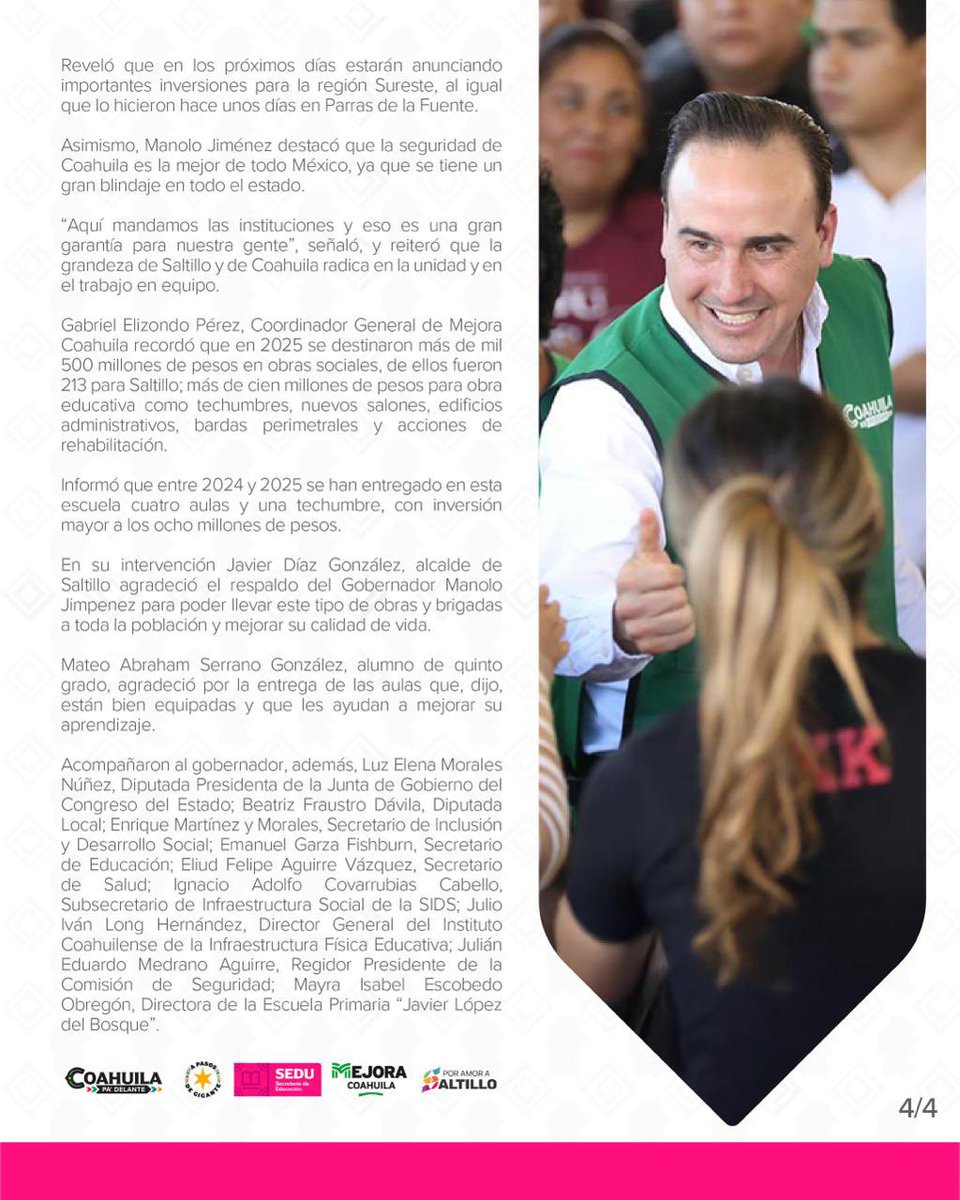 Entregamos 421 MDP de infraestructura educativa en los 38 municipios de Coahuila: <a href="/manolojim/">Manolo Jiménez Salinas</a> 

#CoahuilaPaDelante #APasosDeGigante
<a href="/SEducacionCoah/">Educación Coahuila</a> 
<a href="/MejoraCoahuila/">Mejora Coahuila</a> 
<a href="/SaltilloGob/">Gobierno Municipal de Saltillo</a>