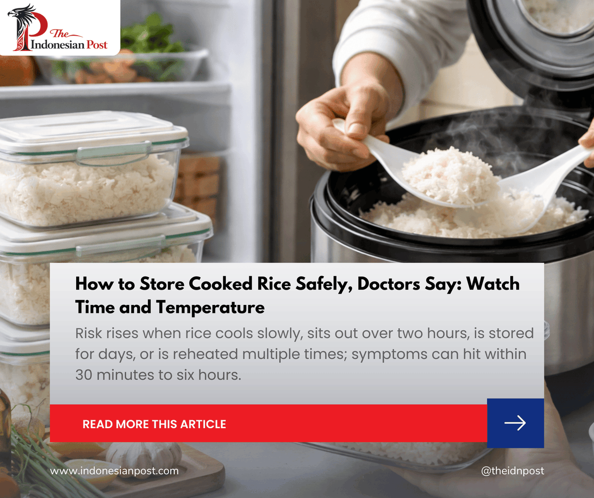 How to Store Cooked Rice Safely, Doctors Say: Watch Time and Temperature

indonesianpost.com/2026/02/18/saf…

#cookedrice
#foodsafety
#bacilluscereus
#ricepoisoning
#mealprep
#leftovers
#reheating
#refrigeration
#kitchensafety
#healthtips
#IndonesiaNews #IndonesianPost #IndonesiaUpdate