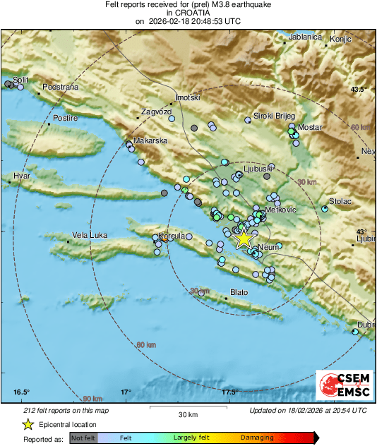 LastQuake's tweet photo. #Earthquake 18 km S of #Blato (#Croatia) 6 min ago (local time 21:48:50). Updated map - Colored dots represent local shaking & damage level reported by eyewitnesses. Share your experience:
📱https://t.co/QMSpuj6Z2H
🌐https://t.co/JEuLrCkD8f https://t.co/S5Cp75n9NE