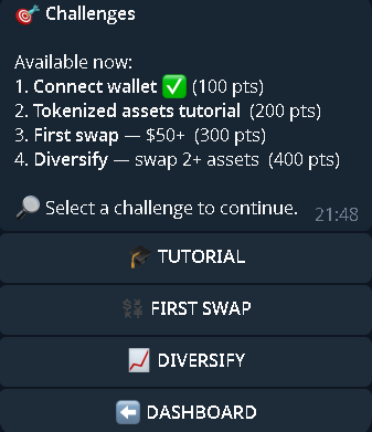 Rehobooth23's tweet photo. click on challenges, a drop of options will be display showing tutorial, first swap of $50+ and Diversify swap each carrying various points https://t.co/d3wfjUoHTf