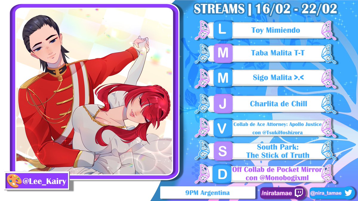 Chiquillos, esta semana tenemos un horario un poco corto por problemas de salud por asi decirlo xD pero Mañana empezamos la semana con fuerza! Collab con <a href="/TsukiVT2/">Tsuki Hoshizora</a> y off collab con <a href="/monobogithe/">Monobogi Thunderforge - RPGTuber herrero.</a> Me haras Compania? ❤️🦋
Art: <a href="/Lee_Kairy/">Kairy_Gi 🐯 ComisionesABIERTAS</a> 

#Vtubers #VTuberES #VTuberUprising