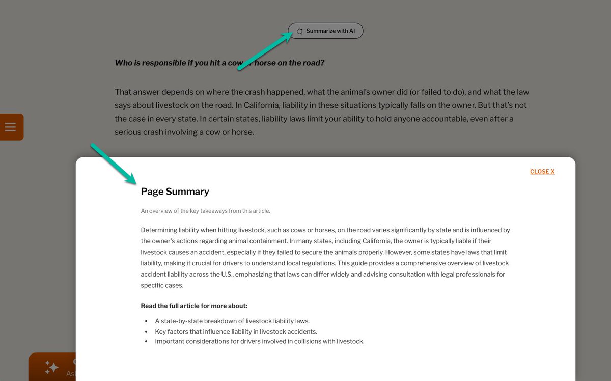 MChuckGreen's tweet photo. @JHTScherck I agree. Wild to send people to another site to read a summary of your article. 

My team built a summary feature into the AI assistant WordPress plugin that we created for our clients. Ours delivers the summary as an overlay. It's pretty nifty! https://t.co/tPFOqZhGMd
