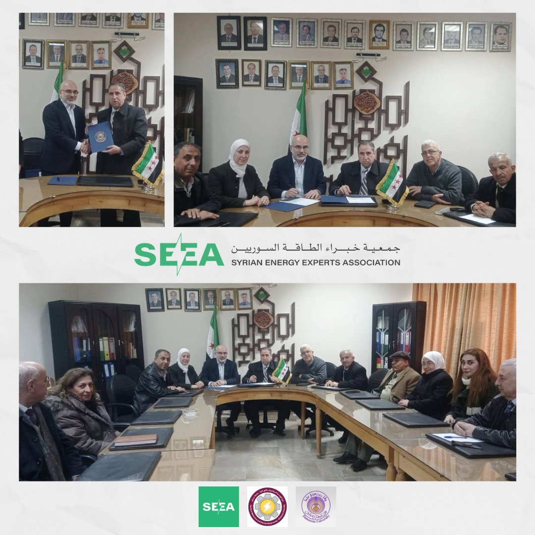 Syria_Energy's tweet photo. SEEA🤝Damascus University –Faculty of Electrical &amp; Mechanical Engineering have signed an MoU to boost collaboration in power &amp; renewable energy, joint research, and student training-supporting innovation &amp; preparing the next generation of sustainable-energy engineers 🌱👷‍♂️

#Syria https://t.co/IkLzuQvXrC