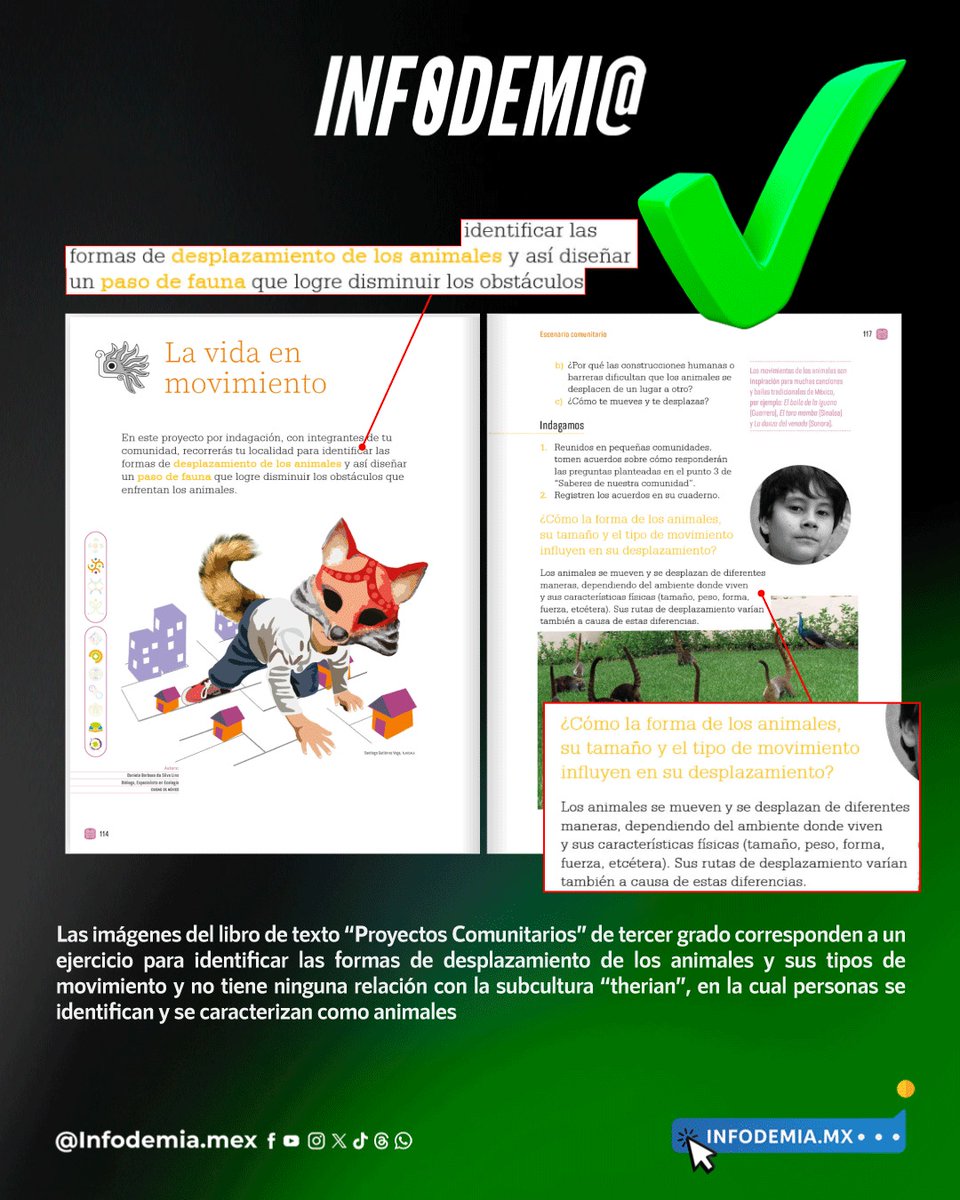 ❌Falso que los libros de la NEM incluyen "ideología Therian" 

✅Las imágenes del libro de texto “Proyectos Comunitarios” de tercer grado corresponden a un ejercicio para identificar las formas de desplazamiento de los animales y sus tipos de movimiento y no tiene ninguna