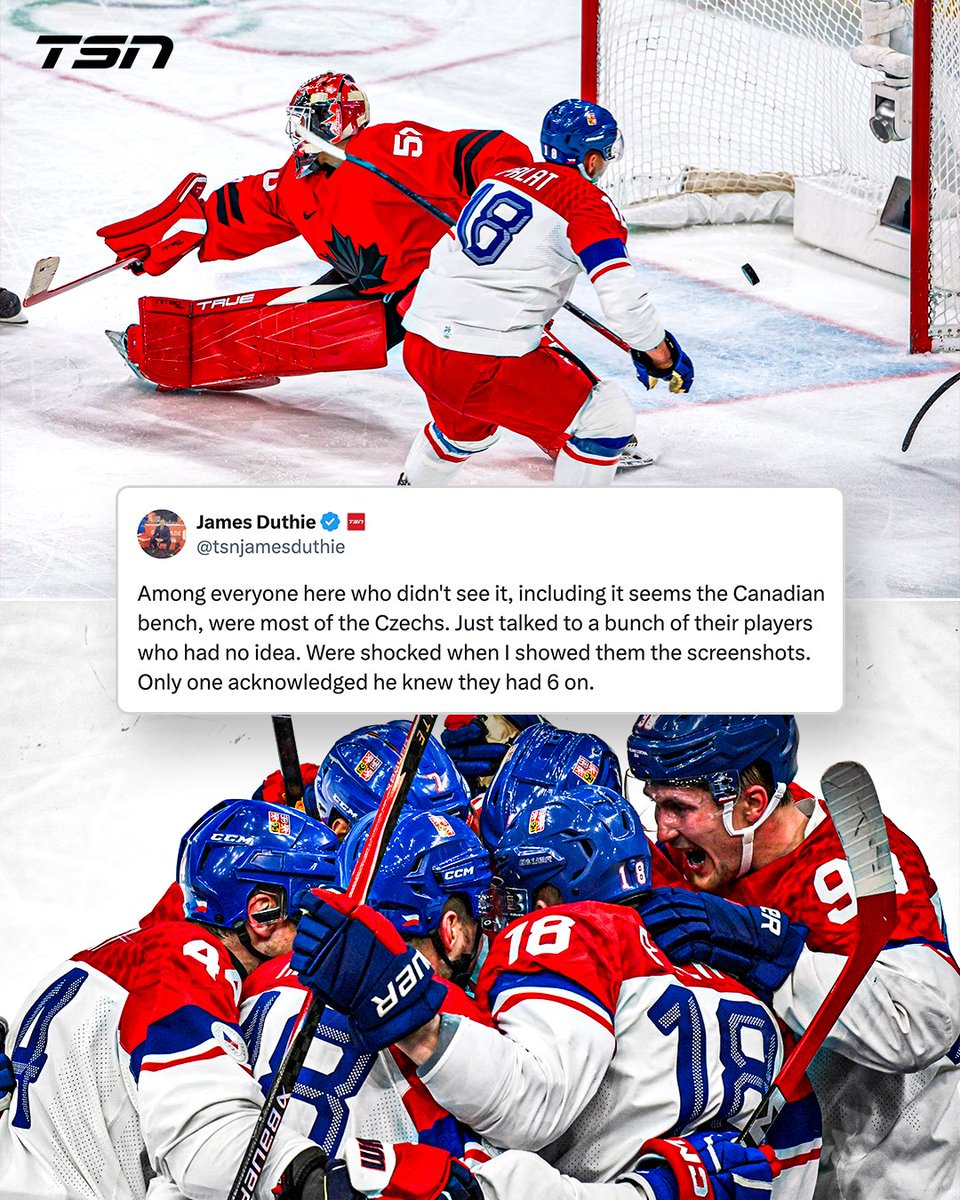 Almost nobody knew that Team Czechia had six players on the ice when Ondrej Palat took the lead for his team in the third period 👀

(via: <a href="/tsnjamesduthie/">James Duthie</a>)