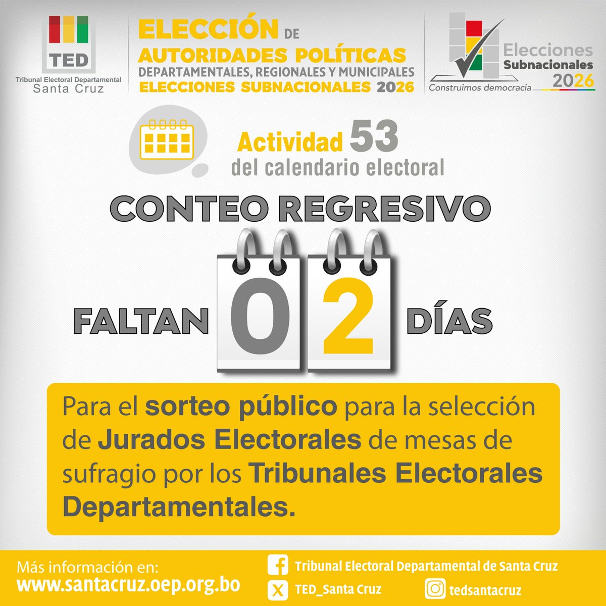📢🗳️ Atención a la ciudadanía en general
Un proceso transparente y participativo que fortalece nuestra democracia 🤝
¡Te invitamos a mantenerte informado/a y ser parte activa de este importante acto cívico! 🇧🇴🗳️
#CalendarioElectoral #SorteoPúblico #JuradosElectorales #Democracia