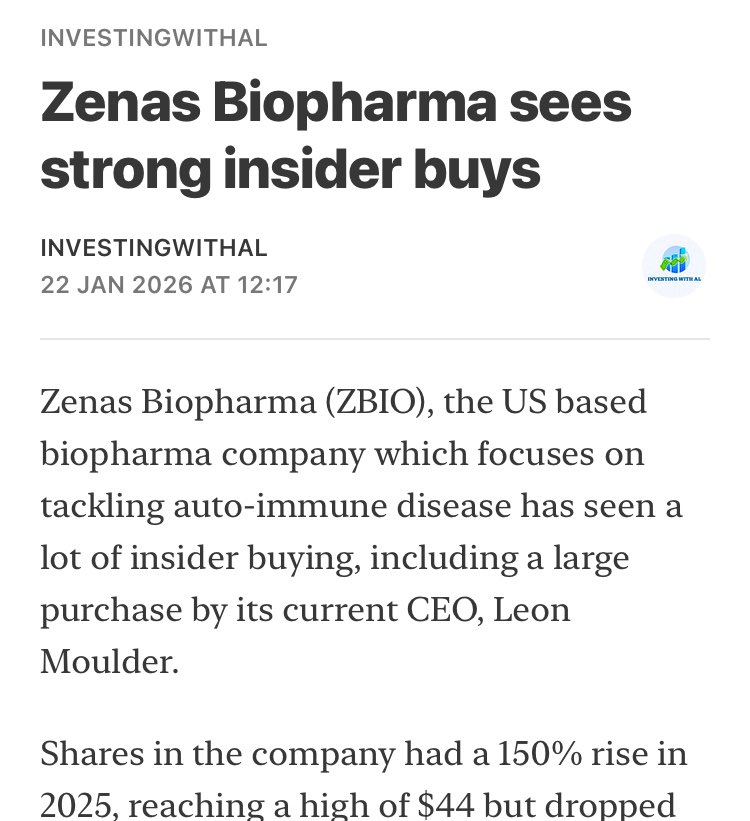 Zenas Biopharma (ZBIO) up over 30% since I wrote the article of some insider buying at the company during the end of last month.

Well done if you got in on this one.