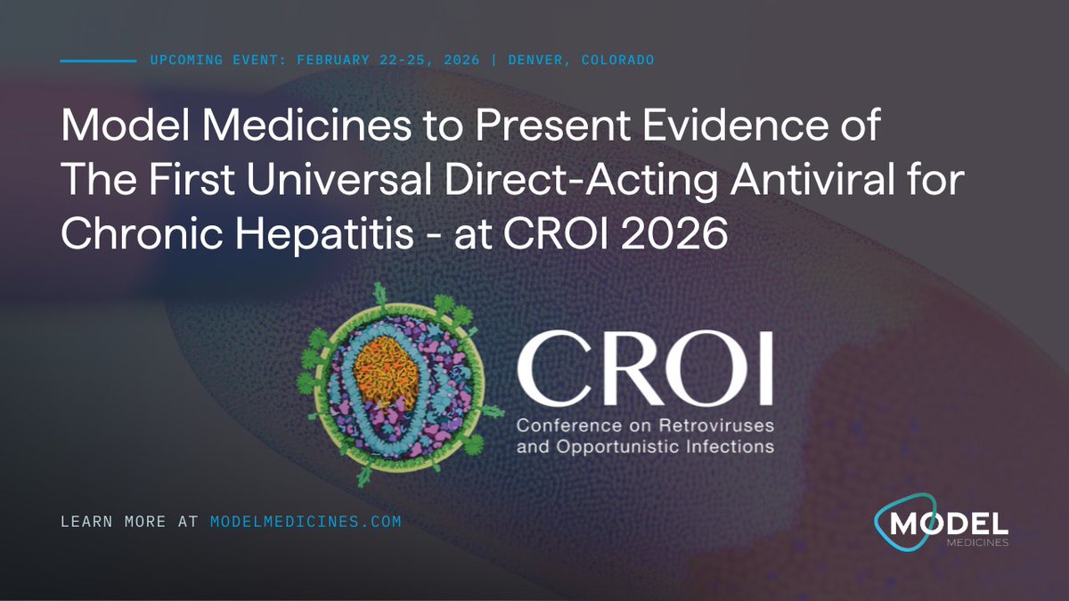 modelmedicines's tweet photo. @modelmedicines to Present Evidence of the First Universal Direct-Acting Antiviral for Chronic Hepatitis at CROI 2026

CROI has long been the platform where industry titans like @GileadSciences, @Merck,  and @ViiVHC unveil the next generation of standard-of-care. From the pivotal presentations of @VEKLURY(remdesivir) to the evolution of the capsid inhibitor class, this conference defines the frontier of virology.

At CROI 2026, Model Medicines is proud to present MDL-001: a first-in-class, universal oral DAA for Chronic Hepatitis, addressing a critical gap for the 300 million-plus patients.

The Strategic Differentiator:
- Universal Potency: While traditional DAAs are often virus-specific, MDL-001 is the first oral small molecule to show direct-acting activity across HCV, HBV, and HDV simultaneously.
- Solving the Reactivation Paradox: Current HCV DAAs carry an FDA black box warning because clearing HCV can trigger fatal HBV reactivation. MDL-001’s pan-hepatic mechanism suppresses both, potentially eliminating this risk.
- Targeting the "Biological Choke Point": MDL-001 targets the Thumb-1 allosteric domain, a conserved vulnerability shared across viral families.

If you're attending CROI, join @DJHadersPhD 
- Session: “Beyond the C: Hepatitis D, B, and E” 
- Poster: #589 
- Date: Feb 23, 2026 | 2:30 PM MT

#CROI2026 #BiotechInvestment #DrugDiscovery #Hepatitis 
Inspired by the work at: @HepBFoundation, @GlobalHep , The Task Force for Global Health, 
CGHE Dir. Dr. John Ward, Hepatitis Foundation International,@HIVHep, @gatesfoundation, @BlumbergInstit1, @liverUSA, @Hep_Alliance, @GlobalHepSummit, @CDAFound, @GlobalFund, @CHAI_health, @AASLDFoundation, @AASLDtweets, @HepatitisCTrust, and the UN Group of Friends to Eliminate Hepatitis. 

Committed to the @UN @SustDev Sustainable Development Goal (SDG) 3, specifically Target 3.3, which aims to combat and eliminate viral hepatitis by 2030. 

The 2026 Conference on Retroviruses and Opportunistic Infections in partnership with the @IAS_USA