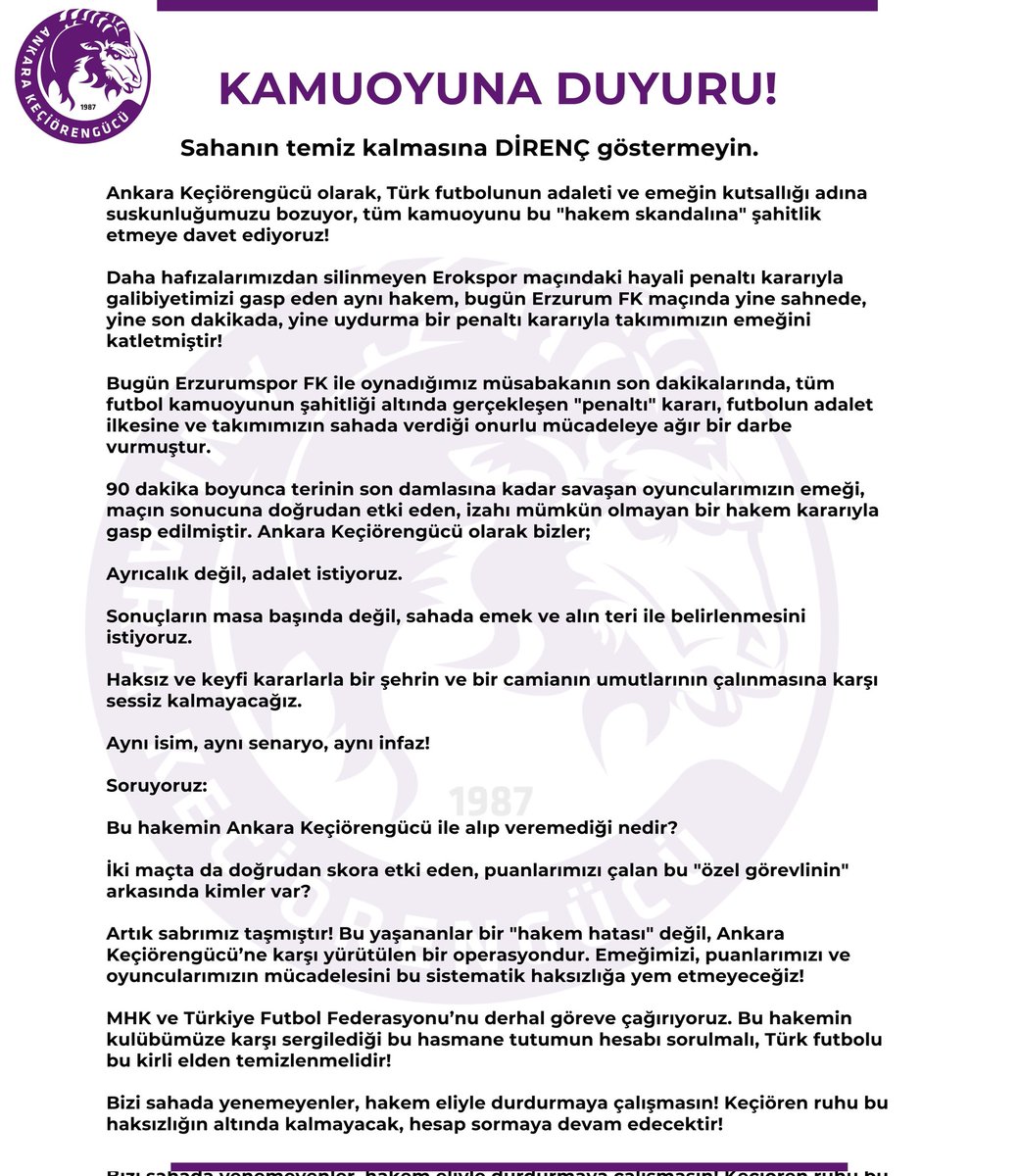 Ankara Keçiörengücü'nden Erzurumspor maçının ardından açıklama: "Artık sabrımız taşmıştır!"

"KAMUOYUNA DUYURU!

Sahanın temiz kalmasına DİRENÇ göstermeyin.

Ankara Keçiörengücü olarak, Türk futbolunun adaleti ve emeğin kutsallığı adına suskunluğumuzu bozuyor, tüm kamuoyunu bu