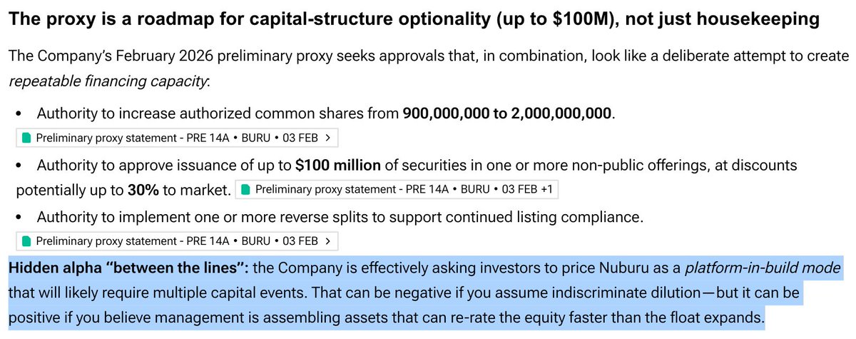 Alphanalyst's tweet image. $BURU: Forced compliance move - Nuburu executes 1-for-4.99 reverse split to meet NYSE’s $0.10 minimum price rule, shrinking shares from 550M to 110M while raising $12M at $0.11 per share amidst restricted split leeway until mid-2026.

Extensive warrants cover 150%+ potential