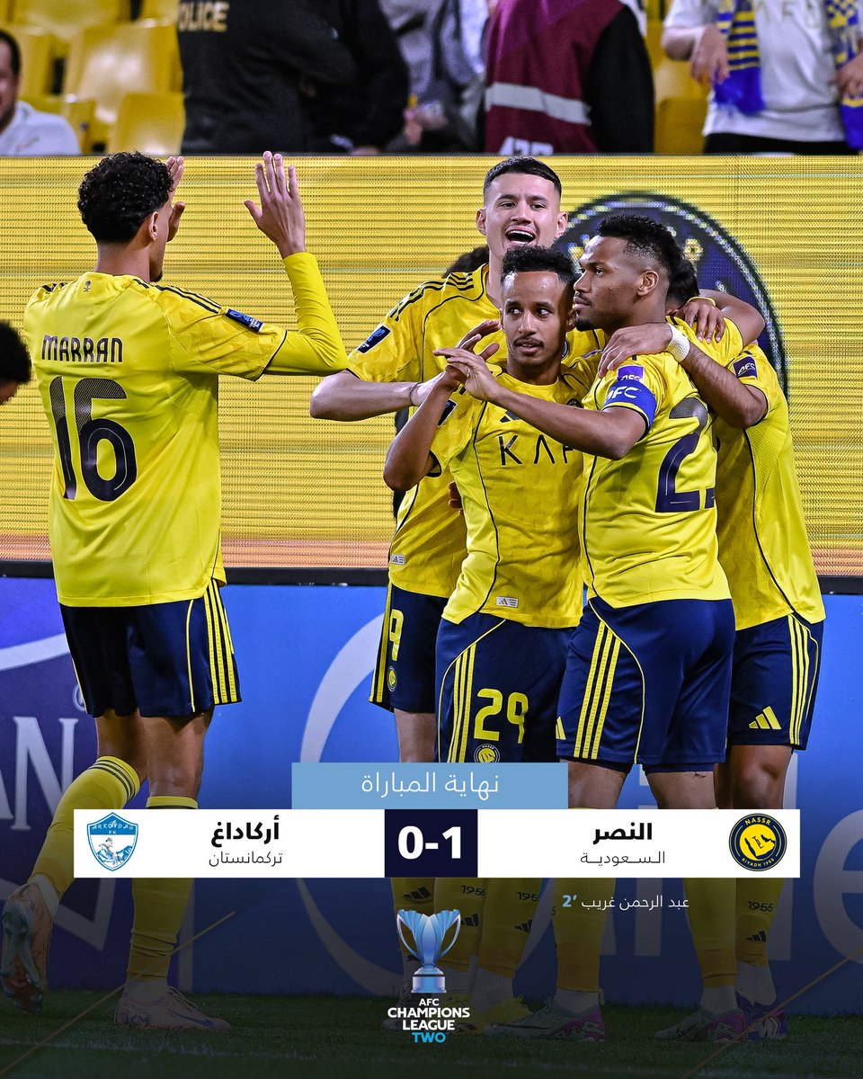 saudiFF's tweet photo. نهاية المباراة| ممثل الوطن @AlNassrFC يحقق الفوز أمام أركاداغ التركمانستاني ضمن إياب دور الـ16 من #دوري_أبطال_آسيا_2. 

نهنئ #النصر وجماهيره بمناسبة الفوز. 

#الوطن_معكم 🇸🇦 https://t.co/gSCFvWVQv0