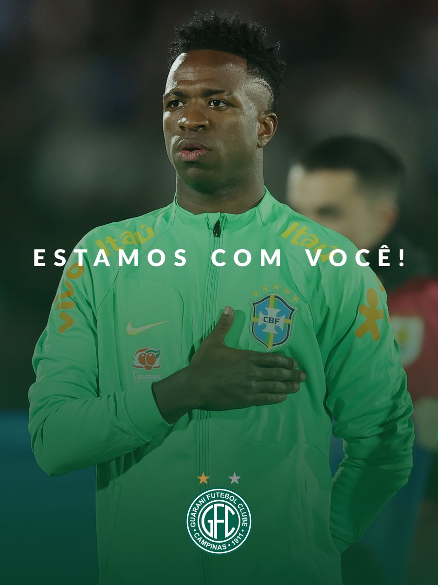 ESTAMOS COM VOCÊ, VINI! RACISMO NÃO! ✊🏾🇳🇬

O Guarani manifesta sua solidariedade a Vinícius Júnior, que sofreu mais um ataque racista atuando pelo Real Madrid. Racismo é crime e deve ser combatido, jamais tolerado!