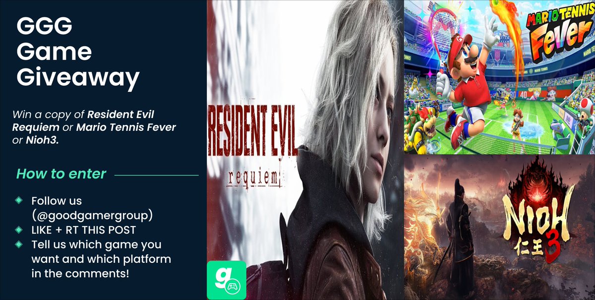 🚨Win a copy of  #ResidentEvilRequiem or #Nioh3 or #MarioTennisFever  🤩

To enter🎁:
✅Follow us
✅Like &amp; RT this tweet
✅Comment your desired game &amp; platform

⏰The giveaway ends at 11:59pm CT on 02/26/2026 

🏆 The winner will be announced on Feb 27 ✨