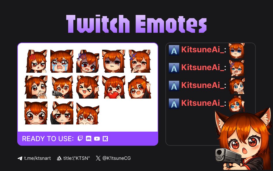 K1tsuneCG's tweet photo. By the way, I drew a pack of emotes for Twitch a while ago.
If you suddenly—well, it doesn't matter, if you or your friends bring up emotes—you can drop me a line there, that's all.

#twitchemote https://t.co/NxLNCBekrn