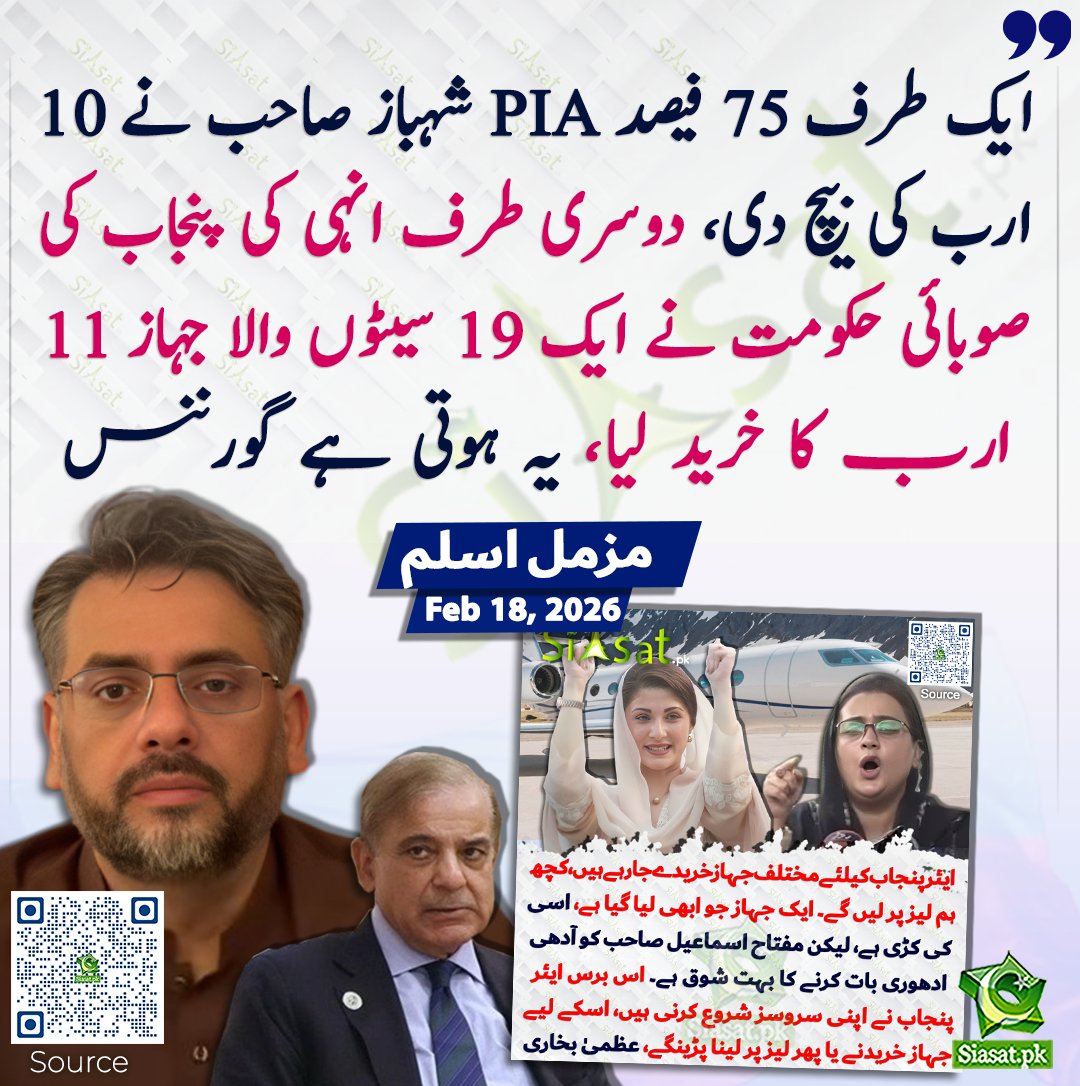 siasatpk's tweet photo. ایک طرف 75 فیصد PIA شہباز صاحب نے 10 ارب کی بیچ دی، دوسری طرف انہی کی پنجاب کی صوبائی حکومت نے ایک 19 سیٹوں والا جہاز 11 ارب کا خرید لیا، یہ ہوتی ہے گورننس، مزمل اسلم

سورس جاننے کیلئے کیو آر کوڈ سکین کریں

@MuzzammilAslam3 https://t.co/hn5Ti0YeO8
