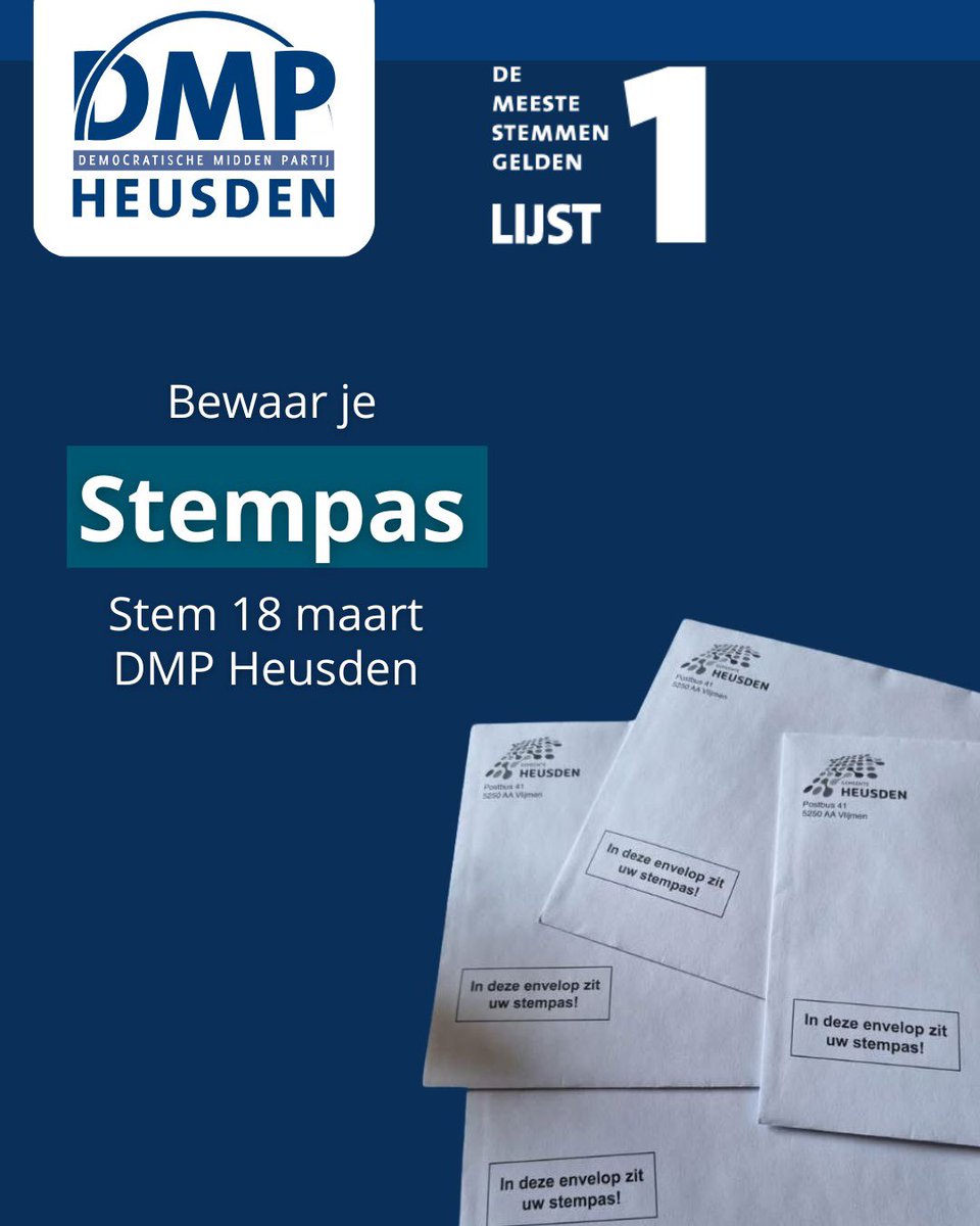💙 𝗚𝗼𝗼𝗶 𝗷𝗲 𝘀𝘁𝗲𝗺𝗽𝗮𝘀 𝗻𝗶𝗲𝘁 𝘄𝗲𝗴! 𝗟𝗮𝗮𝘁 𝗷𝗼𝘂𝘄 𝘀𝘁𝗲𝗺 𝗻𝗶𝗲𝘁 𝘃𝗲𝗿𝗹𝗼𝗿𝗲𝗻 𝗴𝗮𝗮𝗻.

🗳 De komende dagen komen in de gemeente Heusden alle stempassen binnen.

💪🏼 Samen doen, samen sterk! Stem 18 maart DMP Heusden.