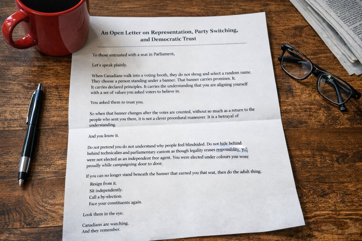 saskatchewan_in's tweet image. An Open Letter on Representation, Party Switching, and Democratic Trust

To ALL of those entrusted with a seat in Parliament,
Let’s speak plainly.

When Canadians walk into a voting booth, they do not shrug and select a random name. They choose a person standing under a banner.