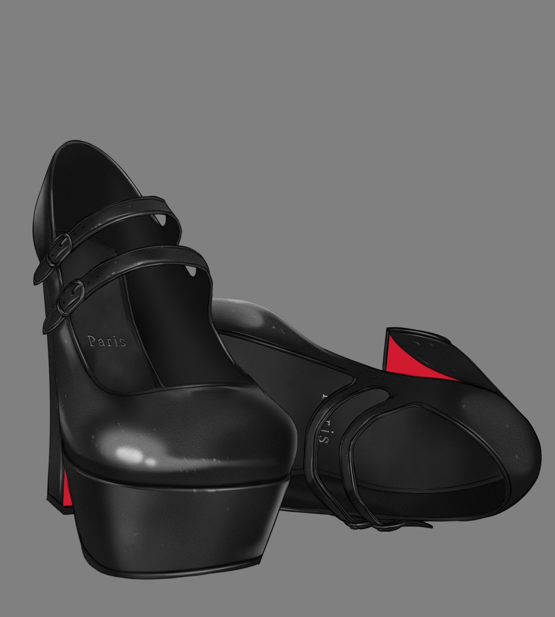 I spend a lot of time drawing shoes... I'm particularly proud of how these white heels came out.

When any object is really close to the POV, all the little details matter. Footwear is no exception; that means doing all the little stitching on the leather; raised piping; subtle