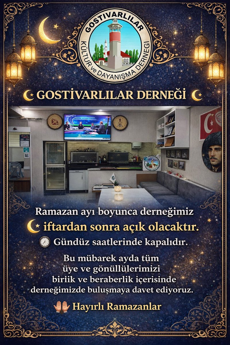 facebook.com/share/p/17DaQN…

🌙 GOSTİVARLILAR DERNEĞİ 🌙
Ramazan ayı boyunca derneğimiz
iftardan sonra açık olacaktır.
Gündüz saatlerinde kapalıdır.
Bu mübarek ayda tüm
üye ve gönüllülerimizi
birlik ve beraberlik içerisinde
derneğimize bekleriz.
Hayırlı Ramazanlar 🤲