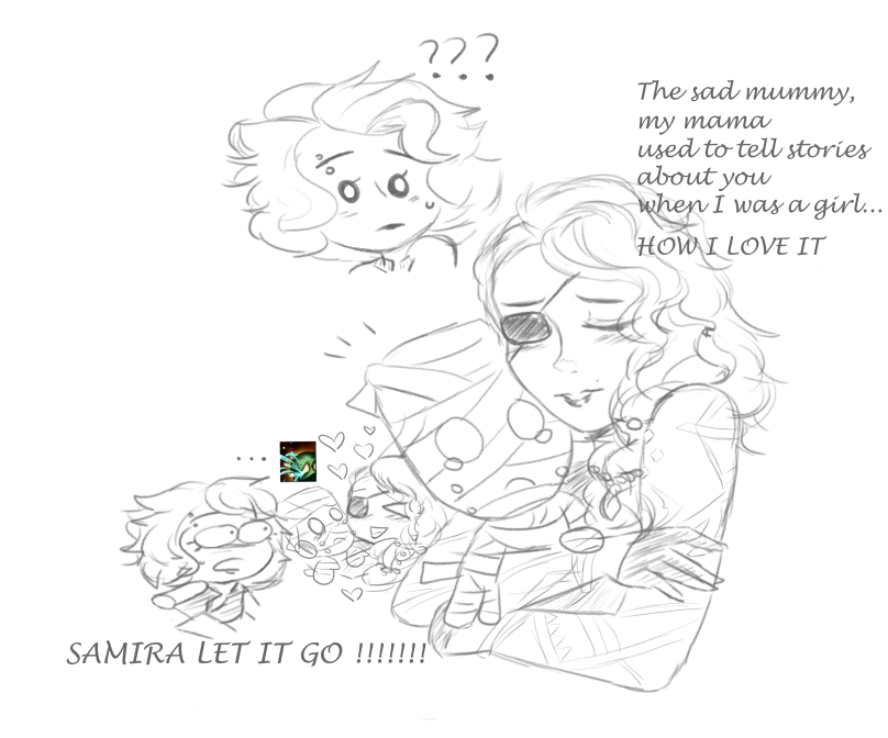 Cherry_1329's tweet photo. A small drawing of Samira and Amumu. I absolutely loved Samira’s dialogue it was so sweet and nostalgic and I wanted to include Rell because I adore that duo. I know it has several flaws, but I’m getting back into drawing after 10 years 😭
#Samira #amumu #Rell #Samirell ? https://t.co/i6voUbC9OE
