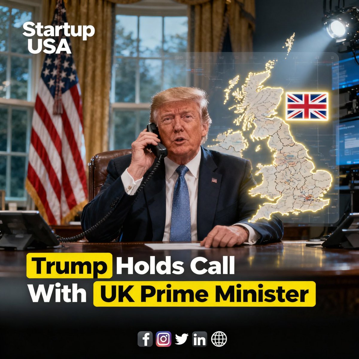STARTUPUSANEWS's tweet photo. President Donald Trump held a high-level call with the UK Prime Minister, discussing global political coordination, trade, and security issues.

The conversation underscores ongoing U.S.–UK collaboration on key international matters and diplomatic strategy.

#trump https://t.co/mpt0O25LQv