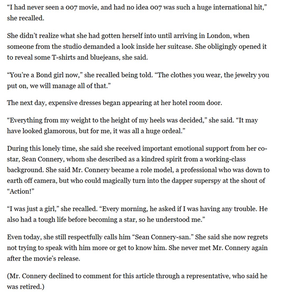 <a href="/DoubleODispatch/">The Double-O Dispatches</a> <a href="/A_Philosopher/">Michael Perilstein</a> <a href="/RetroCa/">RetroDude</a> There's a 2017 New York Times article where she elaborates about it. I gather she was terrified after getting the part, and that working in the UK where few spoke Japanese was quite tough. Here's an extract from it, it's worth a read.