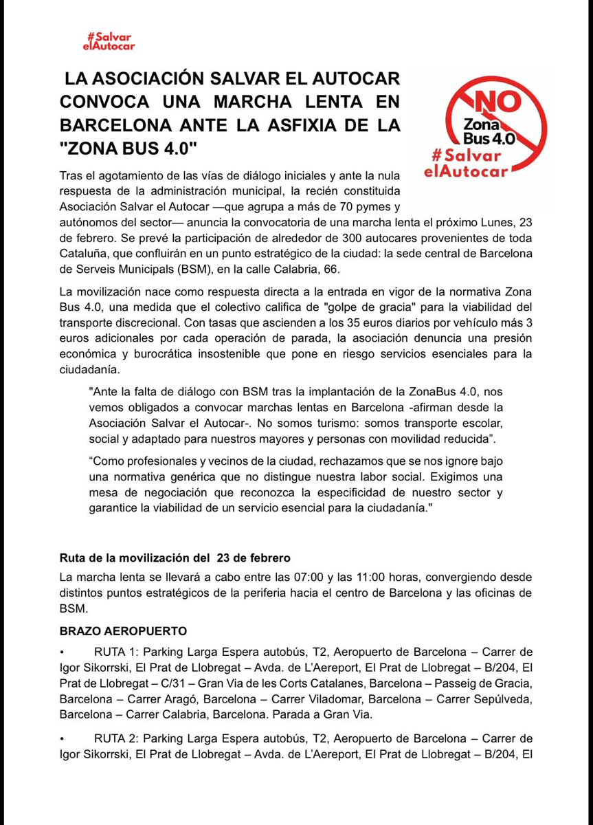 zonabusBCN's tweet photo. 📄 COMUNICADO OFICIAL

La Asociación Salvar el Autocar informa sobre la convocatoria de varias marchas lentas autorizadas el lunes 23 en Barcelona.

El documento explica los motivos, los recorridos y el impacto en el sector.
👇 Comunicado completo

@rac1 @bcn_ajuntament @transit https://t.co/qoTZ15zGQx