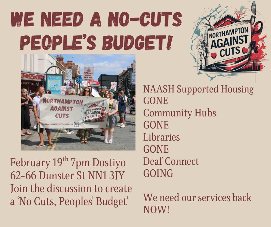 nhamptonSP's tweet photo. Northampton Branch of the Socialist Party are hosting Northampton Against Cuts!

Join us to give us your thoughts and ideas for a genuine budget of the people of Northampton, for the people of Northampton. https://t.co/0HXOPjklnS